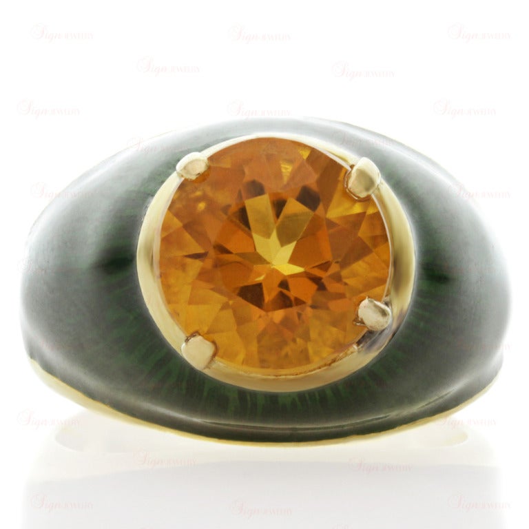 BORIS LE BEAU Citrine Green Enamel Yellow Gold Cocktail Ring In Excellent Condition In New York, NY