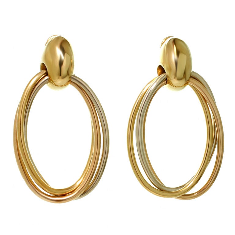 CARTIER 1990s Trinity Tri-Gold Oval Drop Hoop Earrings