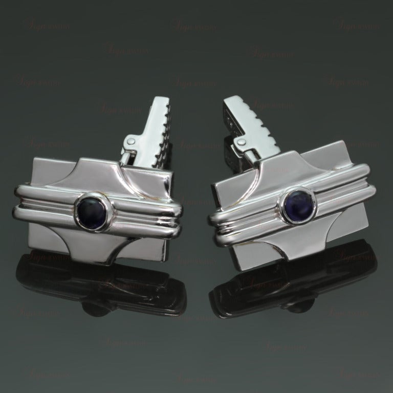 These classic modern men's rectangular cufflinks feature a stylish geometric design made in 18k yellow gold and accented with bezel-set 3.0mm sapphires of an estimated 0.40 carats.