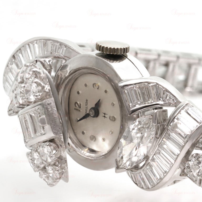 Hamilton Lady's Platinum and Diamond Concealed-Dial Bracelet Watch circa 1950s 4