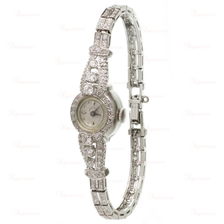 Hamilton Lady's Platinum and Diamond Bracelet Watch circa 1950s In Excellent Condition In New York, NY
