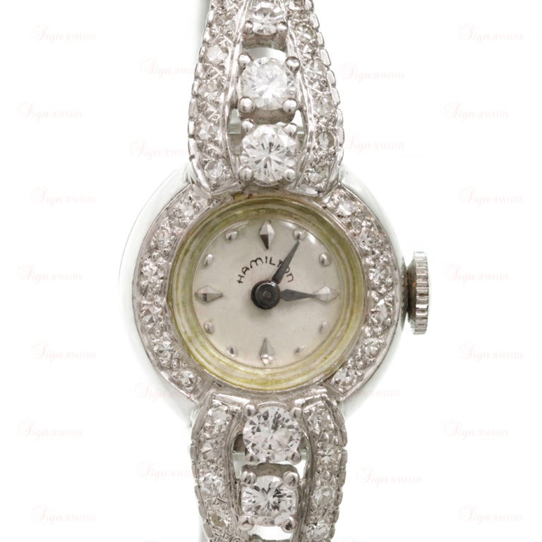 Hamilton Lady's Platinum and Diamond Bracelet Watch circa 1950s 1