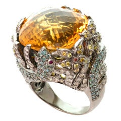 Multicolor Fancy Diamonds & Large Citrine Cocktail Dome Floral Snake Ring 11