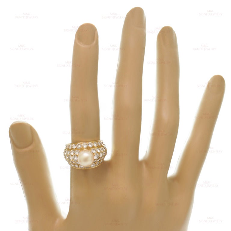 Cartier London Rare Pearl Diamond Yellow Gold Dome Ring Size 53  In Excellent Condition In New York, NY