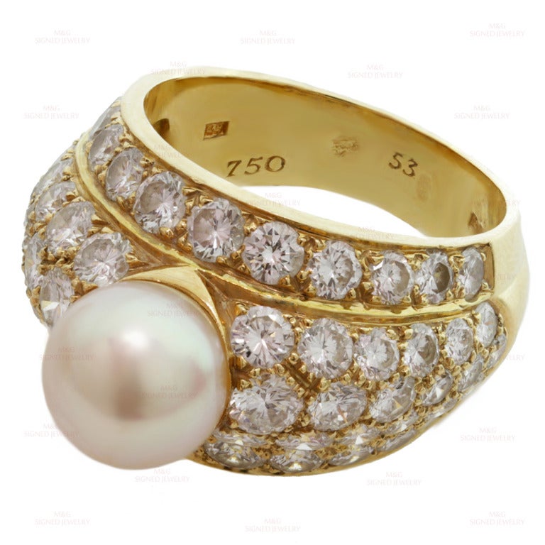 Cartier London Rare Pearl Diamond Yellow Gold Dome Ring Size 53  1