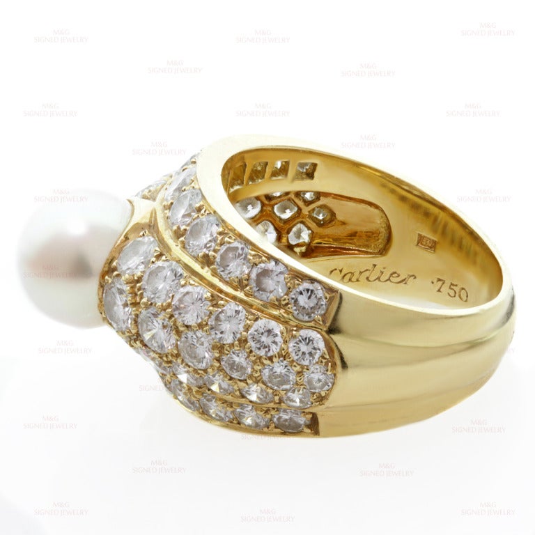 Cartier London Rare Pearl Diamond Yellow Gold Dome Ring Size 53  2