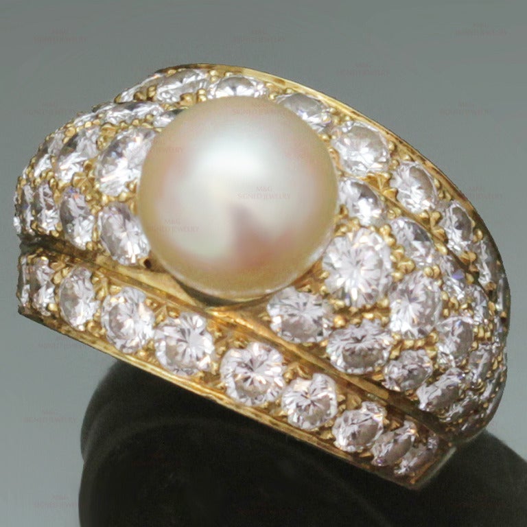 Cartier London Rare Pearl Diamond Yellow Gold Dome Ring Size 53  4