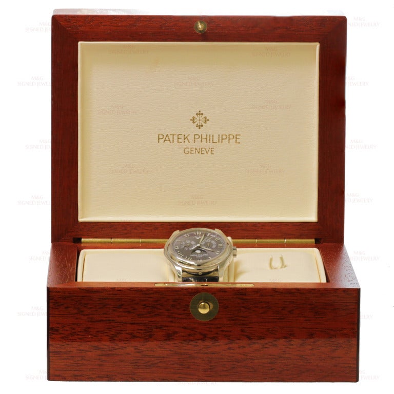 This fantastic Patek Philippe Ref. 5056P wristwatch features a fine platinum case with a sapphire crystal, a gray dial with Roman numerals and luminous hands, Annual Calendar, day subdial at 10 o'clock, power reserve display at 12 o'clock, month
