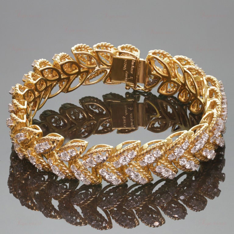 Van Cleef & Arpels are renowned for their extraordinary taste in precious jewelry, and this bracelet is no exception. Made in 18k yellow gold and set with an estimated 10 carats of sparkling diamonds. Completed with authentic hallmark stamps, this