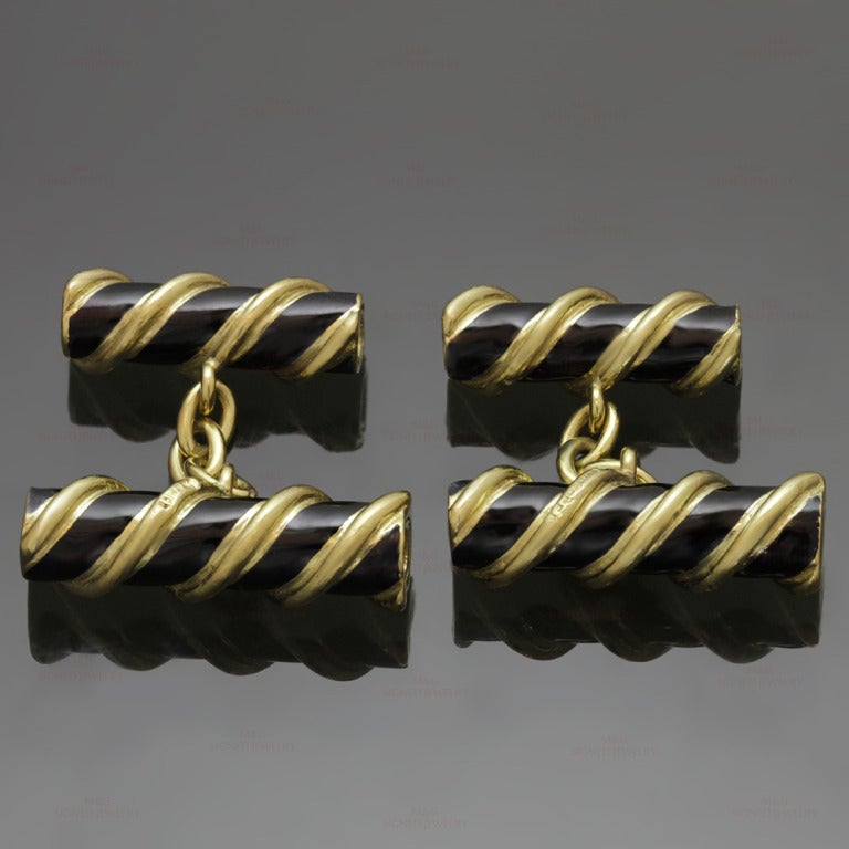 Tiffany & Co. Schlumberger Enamel Double-Sided Yellow Gold Cufflinks In Excellent Condition In New York, NY