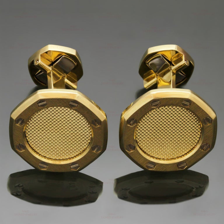These elegant octagon-shaped cufflinks by Audemars Piguet are made in multi-textured 18kt yellow gold and feature the iconic Royal Oak design. Backs are movable for easy fitting. Rare and chic.