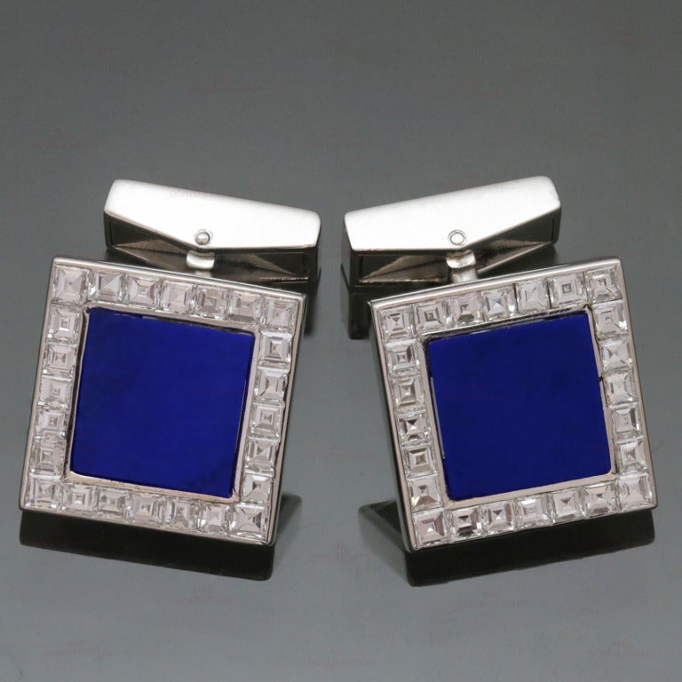 These fabulous square Piaget cufflinks are made in 18kt white gold and feature bright blue lapis inlays surrounded by 60 square-cut sparkling E-F VVS1-VVS2 diamonds of an estimated 3.20 carats. A rare design of magnificent contrast.