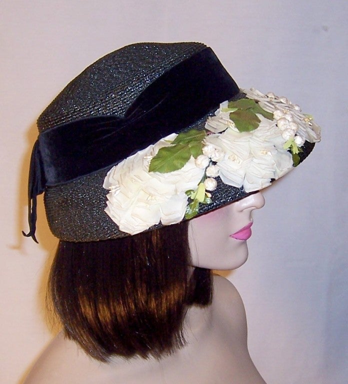 Lucila Mendez-Exclusive New York-Black Straw Hat with Opened Rose Petals