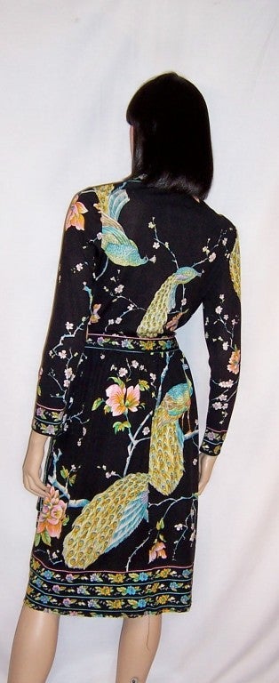 1960's Black Wrap Dress with Peacock & Floral Designs In Excellent Condition For Sale In Oradell, NJ