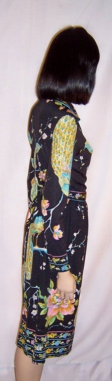 Women's 1960's Black Wrap Dress with Peacock & Floral Designs For Sale
