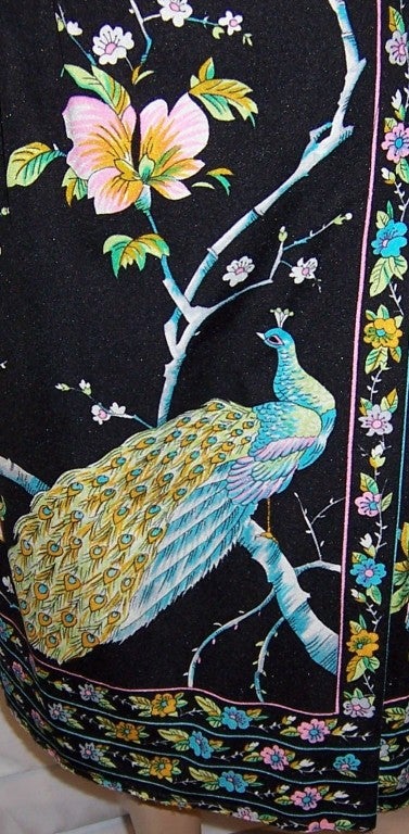1960's Black Wrap Dress with Peacock & Floral Designs For Sale 2