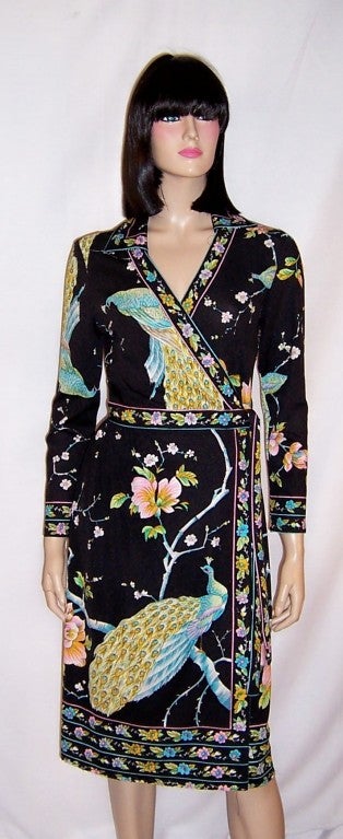 1960's Black Wrap Dress with Peacock & Floral Designs For Sale 1