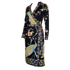 1960's Black Wrap Dress with Peacock & Floral Designs