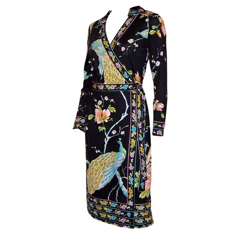 1960's Black Wrap Dress with Peacock & Floral Designs For Sale