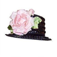 Retro Early 1960's Black Straw Bucket-Style Hat  with Rose Blossom
