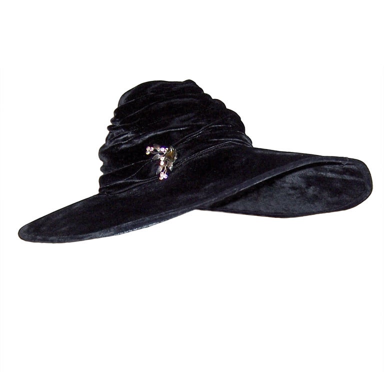 Black Velvet Picture Hat with Rhinestone Embellishment For Sale