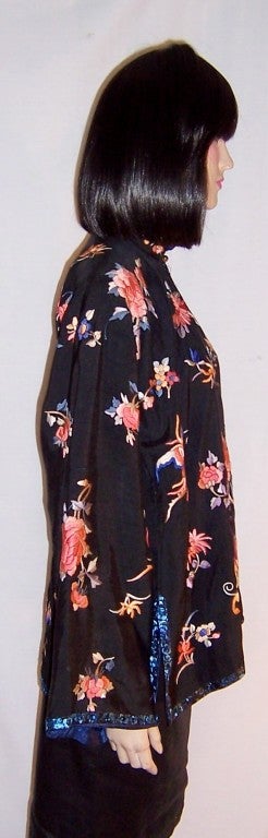 Black Silk Chinese Embroidered Jacket with Peonies In Excellent Condition For Sale In Oradell, NJ