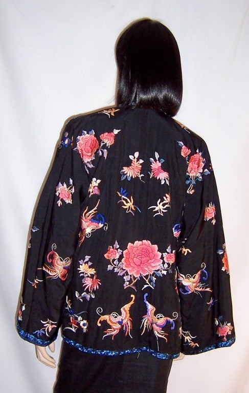 Women's Black Silk Chinese Embroidered Jacket with Peonies For Sale