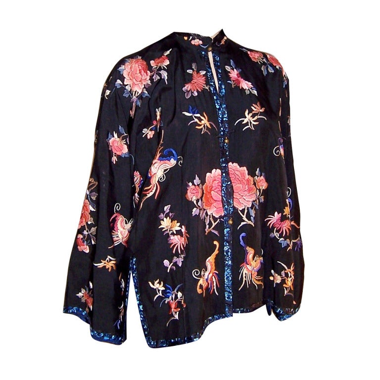Black Silk Chinese Embroidered Jacket with Peonies For Sale