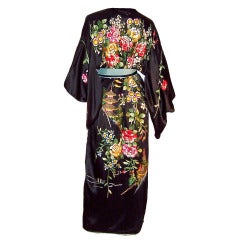 Vintage Elaborately Embroidered Black Japanese Kimono with Sash