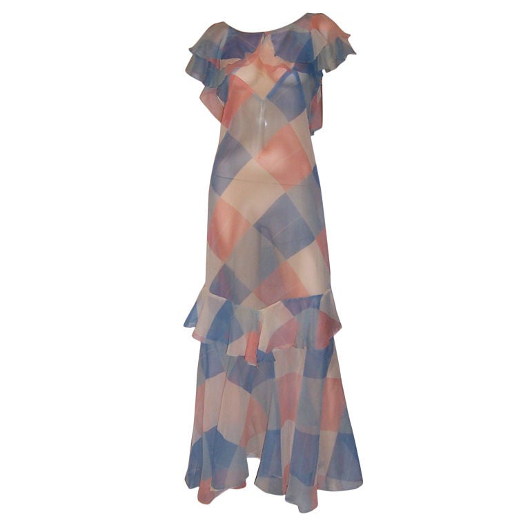 1930's Printed Chiffon Gown in Harlequin Pattern For Sale