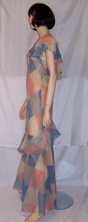 Women's 1930's Printed Chiffon Gown in Harlequin Pattern For Sale