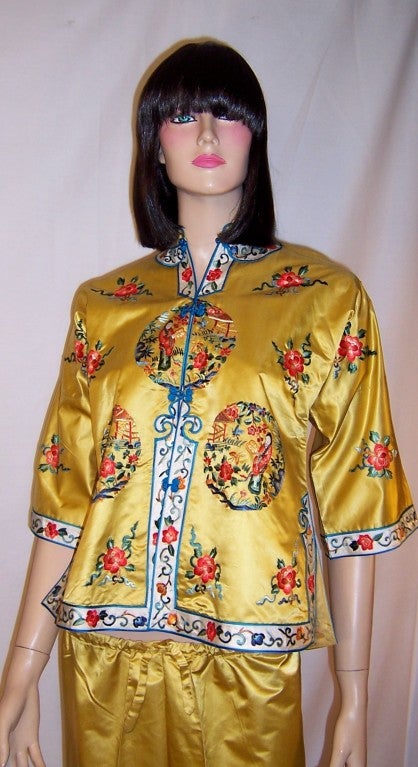 Women's 1960's Vintage Chinese Silk Hand-Embroidered Jacket & Pants Ensemble For Sale