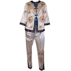 1940's White Silk Chinese Hand-Embroidered Jacket & Pants Ensemble