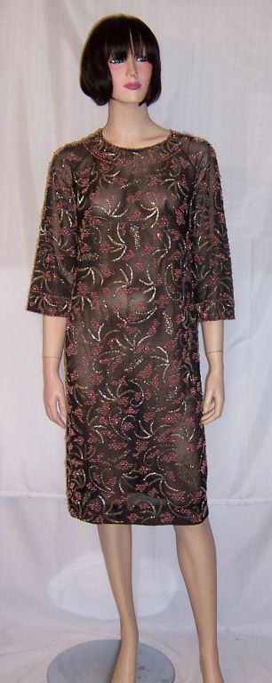 1960's Pink/Silver Beaded Dress on Black Net
