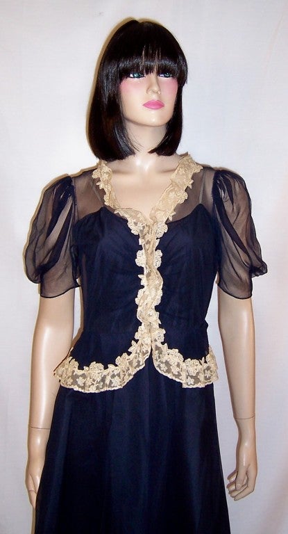 1930's Sally Milgrim Silk Chiffon Navy Gown For Sale 2