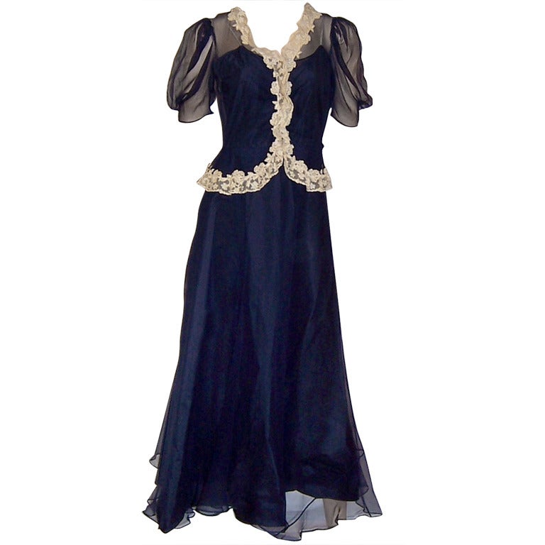 1930's Sally Milgrim Silk Chiffon Navy Gown For Sale