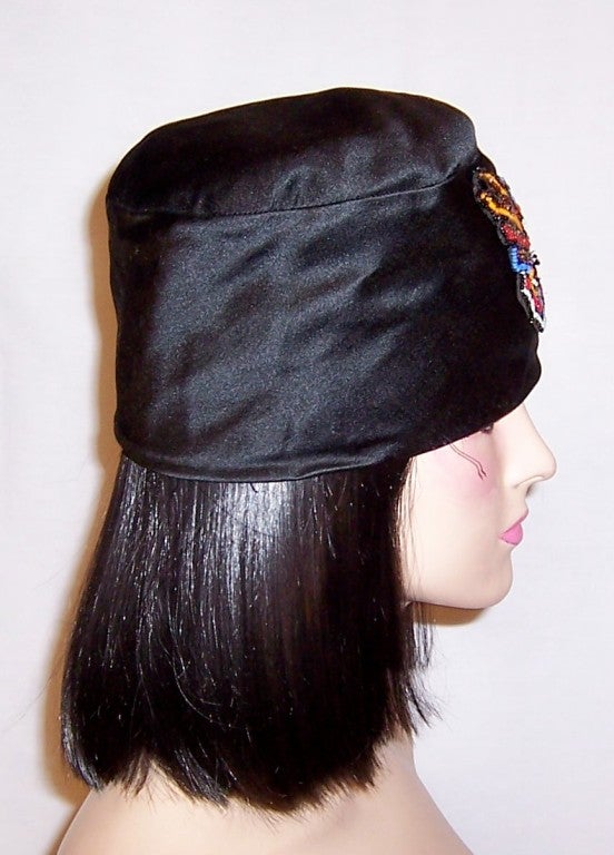 Women's 1920's Custom-Made Black Silk Toque Hat with Beaded Embellishment For Sale