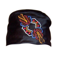 1920's Custom-Made Black Silk Toque Hat with Beaded Embellishment