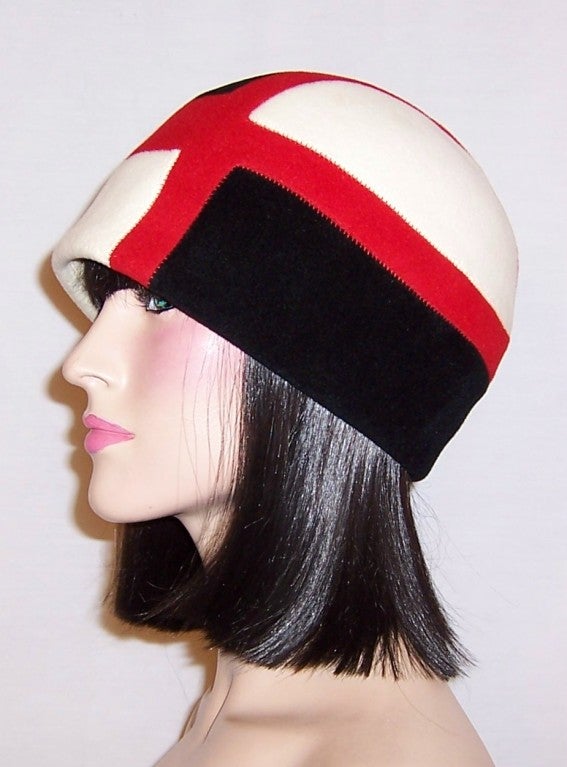 Women's 1960's Mod, Color-Blocked, Wool Felt Helmet Hat, Custom-Made For Sale