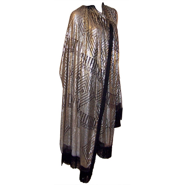 1920's Silver on Black Net, Substantial  Assuit Shawl with Fringe For Sale