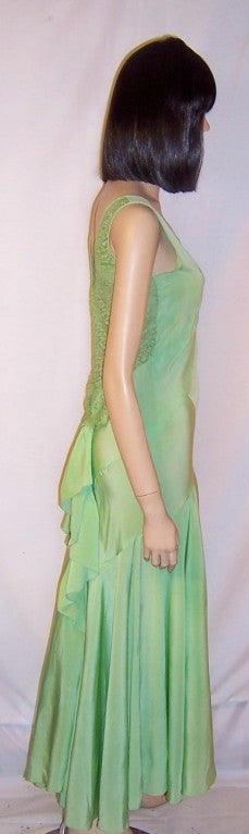 1930's Bias-Cut, Pastel Green Silk Crepe, Sleeveless Gown For Sale 1