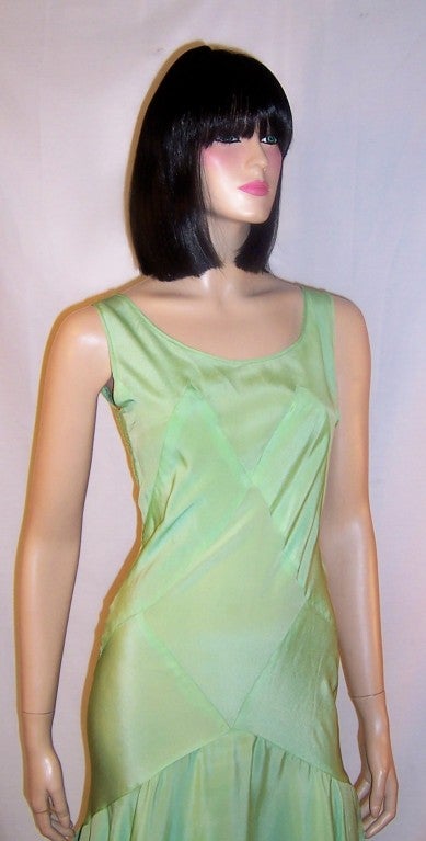 1930's Bias-Cut, Pastel Green Silk Crepe, Sleeveless Gown For Sale 2
