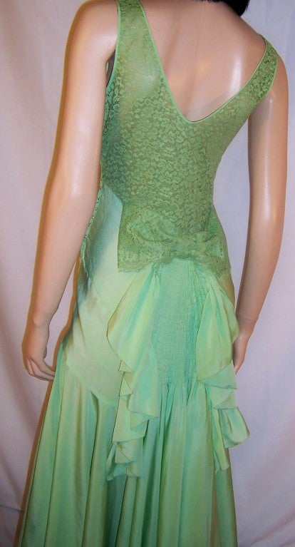 1930's Bias-Cut, Pastel Green Silk Crepe, Sleeveless Gown For Sale 3