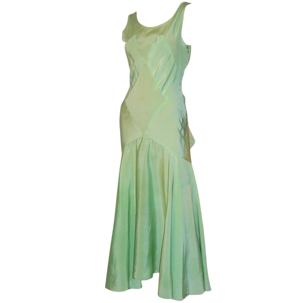1930's Bias-Cut, Pastel Green Silk Crepe, Sleeveless Gown For Sale