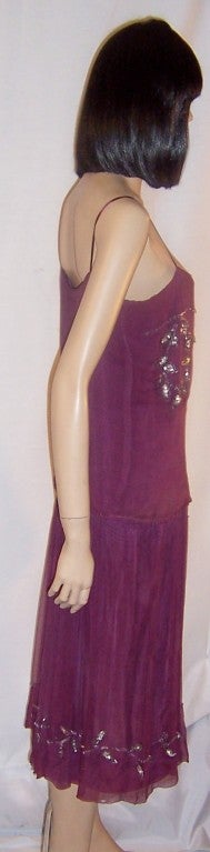 1920's Mauve Silk Chiffon Dress with Silver Beaded Embellishments For Sale 1