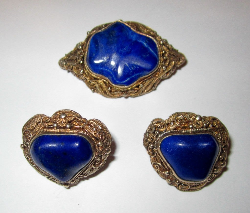 Lapis Vermeil Brooch & Earring Set