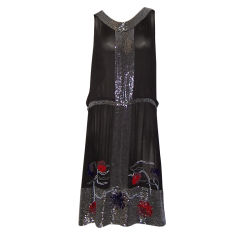 1920's Black Chiffon Dress with Multi-Colored Beadwork Designs