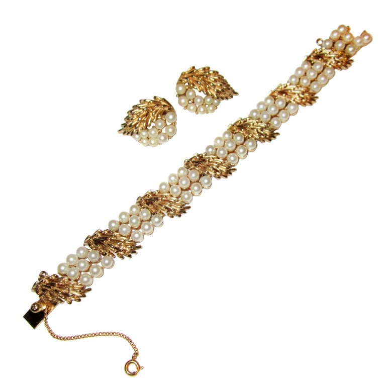 Trifari Pearl & Gold-Tone Bracelet & Earring Set For Sale