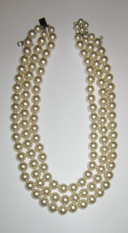 Exquisite, Hand-Knotted, 3 Strand, Simulated Pearl Necklace