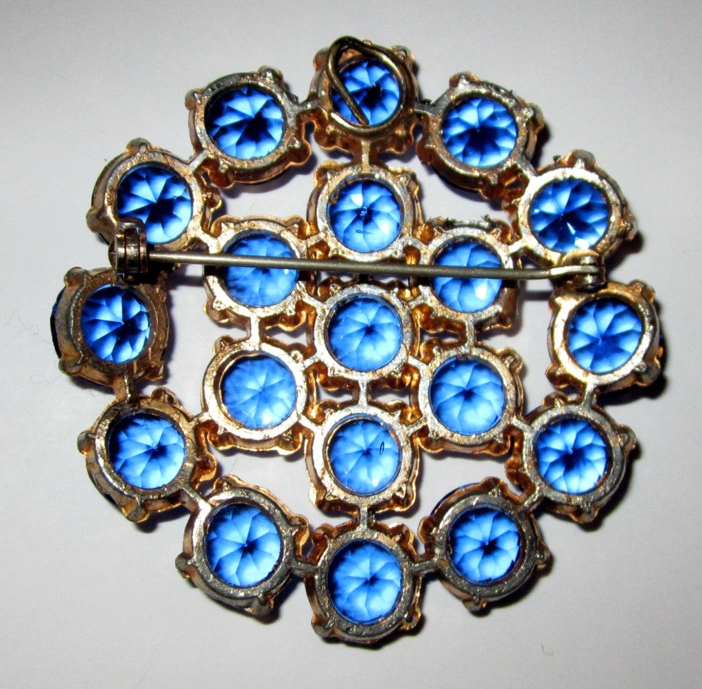 Art Deco Large Round Brooch with Cobalt Blue Cut Crystal Stones For Sale